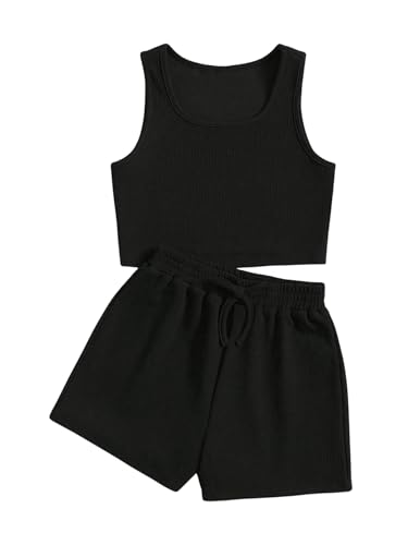 SweatyRocks Mädchen Zweiteiler Shorts und Top Sets 2 Piece Kurze Hose Tank Top Süß Kombi Zweiteilerset Sommer Outfit Schwarz 10 Jahre von SweatyRocks