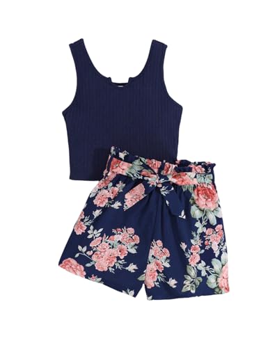 SweatyRocks Mädchen Zweiteiler Shorts und Top Sets 2 Stück Locker Kurze Hose mit Blumen Tank Top Süß Kombi Zweiteilerset Sommer Outfit Dunkelblau 12 Jahre von SweatyRocks