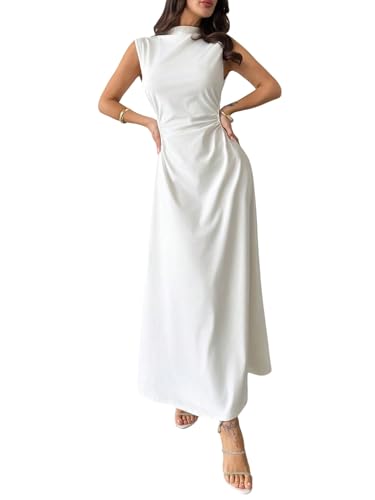 SweatyRocks Maxikleid Damen Elegant Hochzeitsgast Kleid Lang Sommerkleid A Linien Kleid Mit Stehkragen Cocktailkleid Freizeitkleider Partykleid Weiß L von SweatyRocks