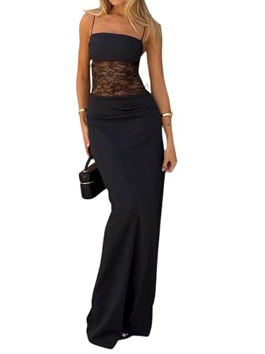 SweatyRocks Maxikleid Damen Elegant Spitzenkleid Bodycon Kleid Mit Spitze Partykleid Cocktailkleid Langes Trägerkleid Figurbetontes Kleid Party Outfit Schwarz XS von SweatyRocks