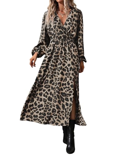 SweatyRocks Maxikleid Damen Langarm Leo Kleid Mit Schlitz Herbstkleid A Linie Wickelkleid Elegantes Leoparden Kleid Winter Party Outfit Khaki M von SweatyRocks