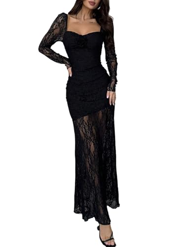SweatyRocks Maxikleid Damen Langarm Spitzenkleid Festlich Partykleid Elegant Abendkleider Langes Kleid Mit Spitze Cocktailkleid Winterkleid Schwarz M von SweatyRocks