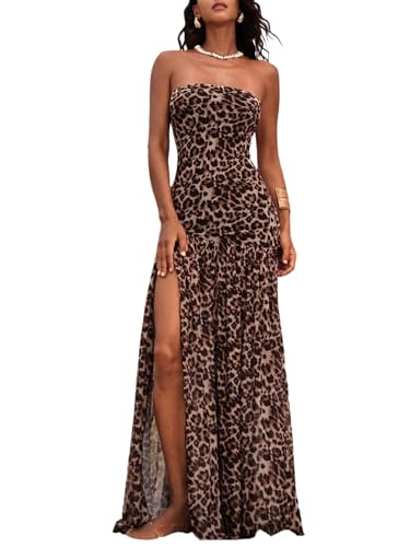 SweatyRocks Maxikleid Damen Sommer Elegant Bandeau Kleid Leo Kleid Mit Schlitz Sommerkleid Mesh Kleider Lang Strandkleid Party Outfit Leo XS von SweatyRocks