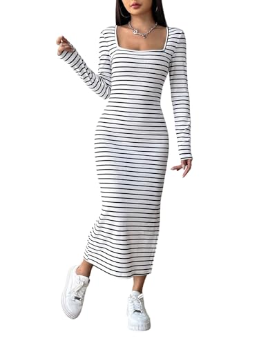 SweatyRocks Maxikleider Damen Elegant Langarm Kleid Mit Schlitz Gestreiftes Kleid Lang Eng Kleider Mit Eckigem Ausschnitt Herbst Winter Kleider Weiß M von SweatyRocks