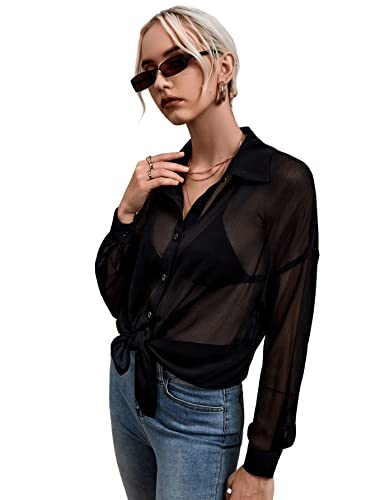 SweatyRocks Mesh Bluse Damen Durchsichtiges Oberteil Langarm Blusenshirt Mit Knöpfe Langarmshirt Netzstoff Schwarz, XS von SweatyRocks