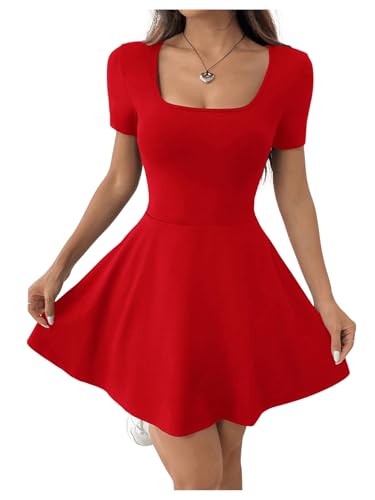 SweatyRocks Minikleid Damen Sexy A Linie Kleid Mit Eckigem Ausschnitt Sommerkleid Kurz Kleid Mit Taschen A Linien Kleid Mit Hose Drunter Rot L von SweatyRocks