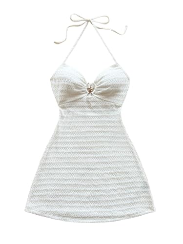 SweatyRocks Neckholder Kleid Damen Kurz Sexy Boho Kleid Sommer Häkelkleid Cut Out Minikleid Sommerkleid Strandkleid Rückenfreies Partykleid Weiß XS von SweatyRocks