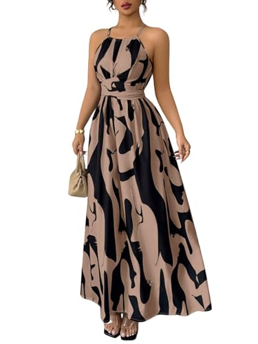 SweatyRocks Neckholder Kleid Damen Lang Elegant Maxikleid Hochzeitsgast Freizeitkleid Mit Gürtel Wickelkleider A Linien Kleid Cocktailkleid Khaki M von SweatyRocks