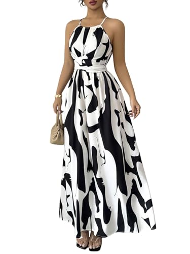 SweatyRocks Neckholder Kleid Damen Lang Elegant Maxikleid Hochzeitsgast Freizeitkleid Mit Gürtel Wickelkleider A Linien Kleid Cocktailkleid Schwarz und Weiß XS von SweatyRocks