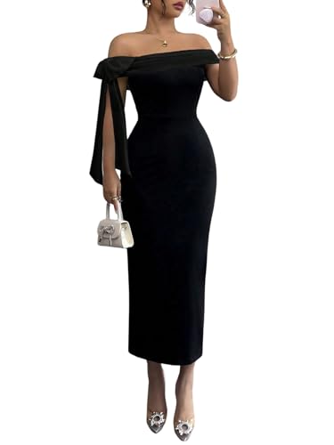 SweatyRocks Off Shoulder Kleid Damen Elegantes Maxikleid Hochzeitsgast Cocktailkleid Partykleid Schulterfreies Kleid Mit Schlitz Schwarz M von SweatyRocks