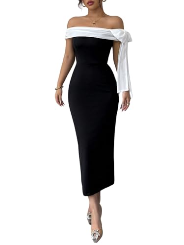 SweatyRocks Off Shoulder Kleid Damen Elegantes Maxikleid Hochzeitsgast Cocktailkleid Partykleid Schulterfreies Kleid Mit Schlitz Schwarz und Weiß M von SweatyRocks