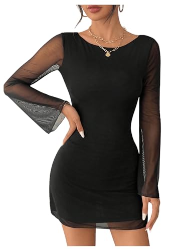 SweatyRocks Partykleid Damen Langarm Mesh Kleid Mini Kleid Mit Netzstoff Silvester Kleid Rückenfreies Kleid Sexy A Linien Kleid Kurz Schwarz M von SweatyRocks