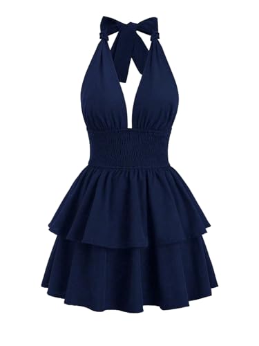 SweatyRocks Partykleid Damen Sexy Sommerkleid Neckholder Kleid Minikleid Elegant A Linie Trägerkleid Rückenfreies Kleid Sommer Outfits Sommerkleider Dunkelblau L von SweatyRocks