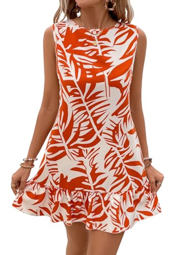 SweatyRocks Shirtkleid Damen Sommer Midi Strandkleid Ärmelloses Blusenkleid Boho Kleid Kurzes Sommerkleid Tankkleid Farbblock Kleid Orange L von SweatyRocks