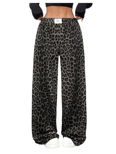 SweatyRocks Sommerhose Damen Lang Lockere Hosen Y2k Leoparden Hose Weite Hosen Mit Gummizug Wide Leg Hose Leo Freizeithose Grau XS von SweatyRocks