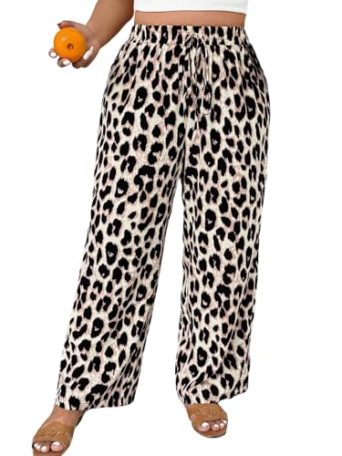SweatyRocks Sommerhosen Große Größen Damen Leo Hose Weites Bein Lockere Hosen Damenhose Mit Leo Print Lange Freizeithose Mit Gummizug Leoparden 2XL von SweatyRocks