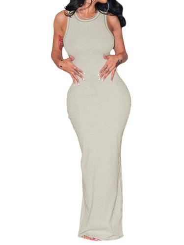 SweatyRocks Sommerkleid Damen Bodycon Kleid Gerippt Lang Maxikleid Rundhals Tank Kleider Slim Fit Partykleid Enger Freizeitkleid Aprikosenfarben L von SweatyRocks