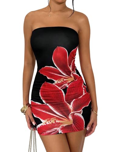 SweatyRocks Sommerkleid Damen Kurz Sexy Blumenkleid Bandeau Kleid Minikleid Mit Blumen Bodycon Kleid Rückenfreie Kleider Partykleid Schwarz M von SweatyRocks