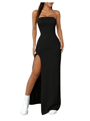 SweatyRocks Sommerkleid Damen Lang Elegant Bandeau Kleid Trägerloses Kleid Eng Kleid Mit Schlitz Maxikleid Sexy Bodycon Kleid Schwarz XS von SweatyRocks