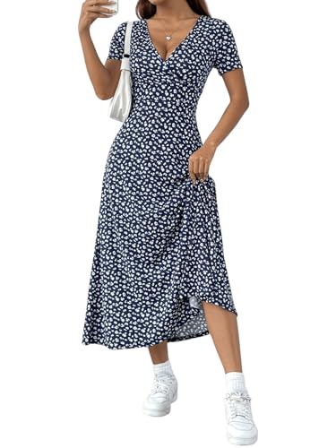 SweatyRocks Sommerkleid Damen Lang Elegant Blumenkleid Maxikleid Mit Blümchen A Linien Kleider Boho Kleid Sommer V Ausschnitt Wickelkleider Blau M von SweatyRocks