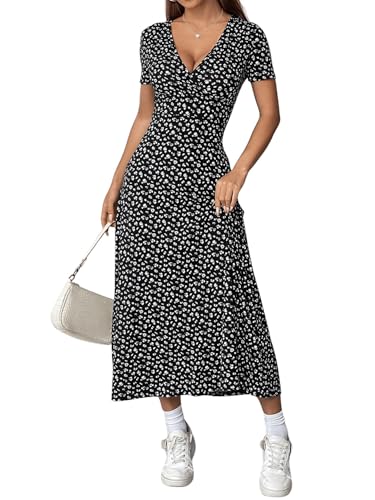 SweatyRocks Sommerkleid Damen Lang Elegant Blumenkleid Maxikleid Mit Blümchen A Linien Kleider Boho Kleid Sommer V Ausschnitt Wickelkleider Schwarz S von SweatyRocks