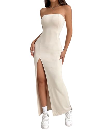 SweatyRocks Sommerkleid Damen Lang Elegant Kleid Mit Schlitz Maxikleid Bandeau Kleid Cocktailkleider Partykleid Freizeitkleider Off Shoulder Kleider Aprikosenfarben S von SweatyRocks