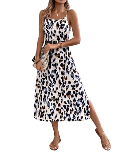 SweatyRocks Sommerkleid Damen Lang Elegant Kleid Mit Schlitz Maxikleider Sommer Boho Kleid Mit Leoprint Strandkleider Leoparden Kleider Weiß L von SweatyRocks