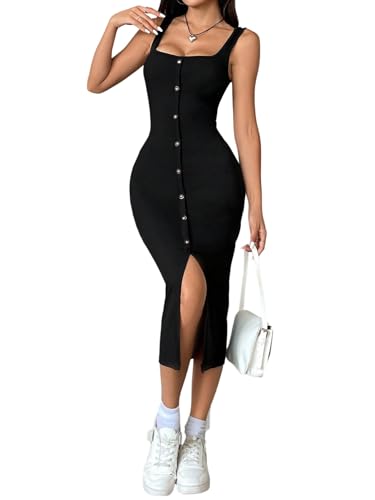 SweatyRocks Sommerkleid Damen Lang Elegant Kleid Mit Schlitz Maxikleider Sommer Strickkleid Mit Eckigem Ausschnitt Bodycon Kleid Schwarz L von SweatyRocks