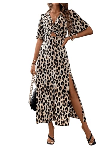 SweatyRocks Sommerkleid Lang Damen Maxikleid Sommer Leoparden Kleid Mit Schlitz Lange Sommerkleider Leo Kleid A Linie Wickelkleid Leoprint Leo L von SweatyRocks