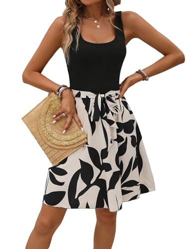 SweatyRocks Sommerkleid Damen Leicht Und Luftig Midi Strandkleid A Linien Kleid Mit Gürtel Sommer Minikleid Farbblock Kleid Sommer Outfits Schwarz M von SweatyRocks