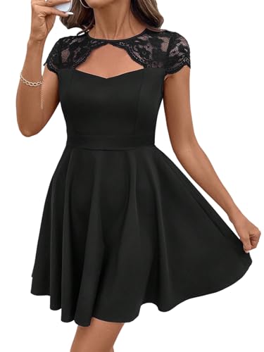SweatyRocks Spitzenkleid Damen Elegant Midi Partykleid A Linien Kleid Sommer Cut Out Kleid Knielang Minikleid Freizeitkleid Cocktailkleider Schwarz L von SweatyRocks