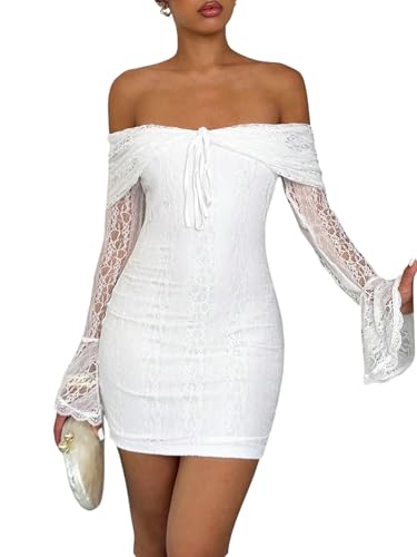 SweatyRocks Spitzenkleid Damen Festlich Kurz Hochzeitsgast Kleid Off Shoulder Minikleid Langarm Herbstkleid Mit Spitze Partykleid Elegante Kleider Weiß M von SweatyRocks