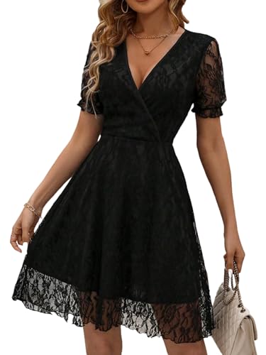 SweatyRocks Spitzenkleid Damen Festlich Wickelkleider Hochzeit Cocktailkleid Mit Spitze Partykleid Elegantes Kleid A Linie Mesh Kleid Business Outfit Schwarz M von SweatyRocks