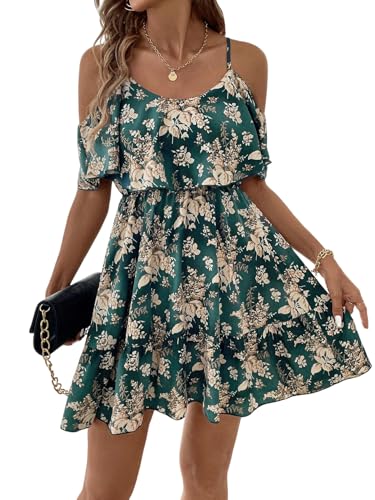 SweatyRocks Strandkleid Damen Luftig Kurz Sommerkleid A Linie Blumenkleid Schulterfreies Kleid Sommer Trägerkleid Strandkleider Minikleid Grün L von SweatyRocks