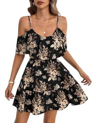 SweatyRocks Strandkleid Damen Luftig Kurz Sommerkleid A Linie Blumenkleid Schulterfreies Kleid Sommer Trägerkleid Strandkleider Minikleid Schwarz L von SweatyRocks