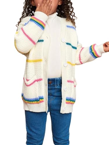 SweatyRocks Strickjacke Mädchen 4-7 Jahre Kinder Strickjacken Mit Streifen Strickpullover Mit Taschen Cardigan Bunt Gestreift Herbst Outfit Beige 7 Jahre von SweatyRocks