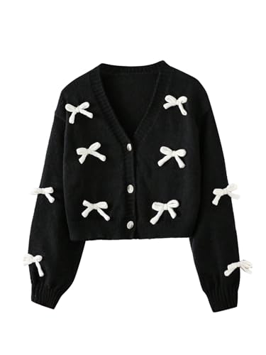 SweatyRocks Strickjacke Mädchen Kurz Cardigan Langarm Strickpullover mit Schleife V Ausschnitt Pullover mit Knopf Vorn Outdoorjacke Schwarz 11 Jahre von SweatyRocks