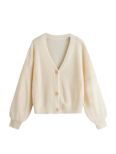 SweatyRocks Strickjacke Mädchen Langarm Cardigan V Ausschnitt Häkel Strickpullover Knopf Verschluss Freizeitjacke Sweater Casualjacke Beige 12 Jahre von SweatyRocks