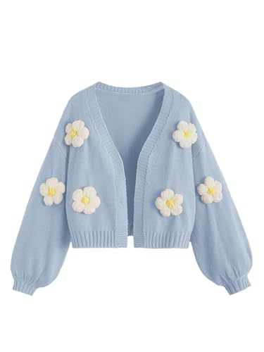 SweatyRocks Strickjacke Mädchen Niedlich Cardigan mit Blume Dekor Langarm Pullover V Ausschnitt Strickpullover Kurz Pulli mit Laternenärmel Hellblau 12 Jahre SweatyRocks Strickjacke Mädchen Niedlich Cardigan mit Blume Dekor Langarm Pullover V Ausschnitt Strickpullover Kurz Pulli mit Laternenärmel Hellblau 12 Jahre von SweatyRocks