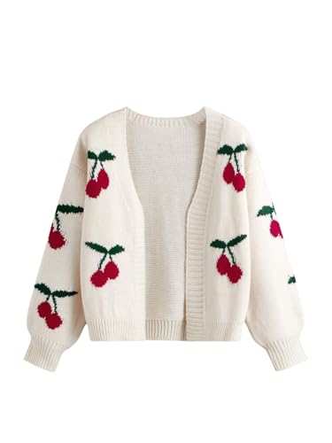 SweatyRocks Strickjacke Mädchen Strick Pullover mit Kirschmuster Langarm Cardigan Open Front Strickmantel Herbstjacke Beige 12 Jahre von SweatyRocks