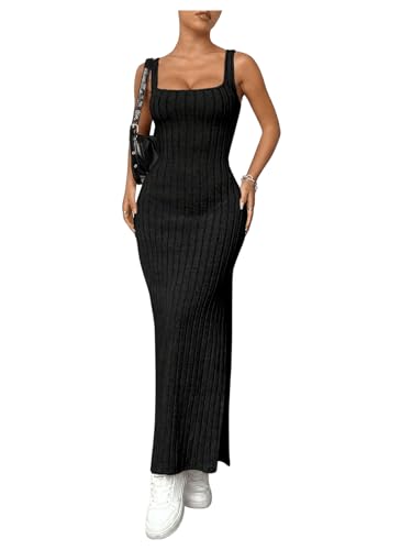 SweatyRocks Strickkleid Damen Lang Winter Rückenfreies Kleid Elegant Kleid Mit Schlitz Maxi Tank Top Kleid Ärmelloses Kleid Mit Eckigem Ausschnitt Freizeitkleid Schwarz L von SweatyRocks