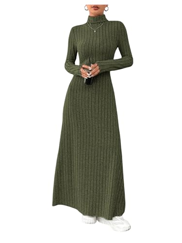 SweatyRocks Strickkleid Damen Winter Elegant Langarm Kleid Lang A Linien Kleid Maxikleid Mit Rollkragen Freizeitkleid Winterkleid Armeegrün M von SweatyRocks