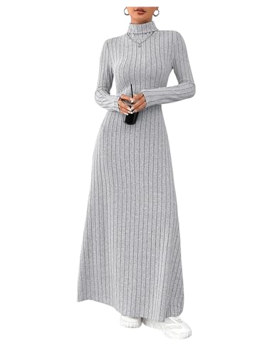 SweatyRocks Strickkleid Damen Winter Elegant Langarm Kleid Lang A Linien Kleid Maxikleid Mit Rollkragen Freizeitkleid Winterkleid Grau M von SweatyRocks