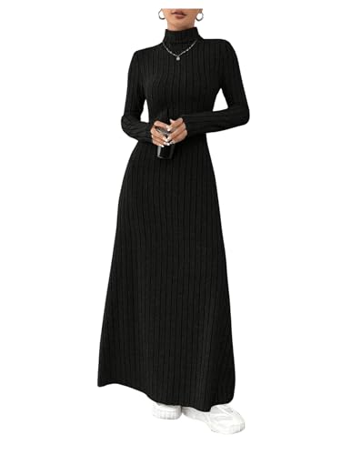 SweatyRocks Strickkleid Damen Winter Elegant Langarm Kleid Lang A Linien Kleid Maxikleid Mit Rollkragen Freizeitkleid Winterkleid Schwarz XS von SweatyRocks