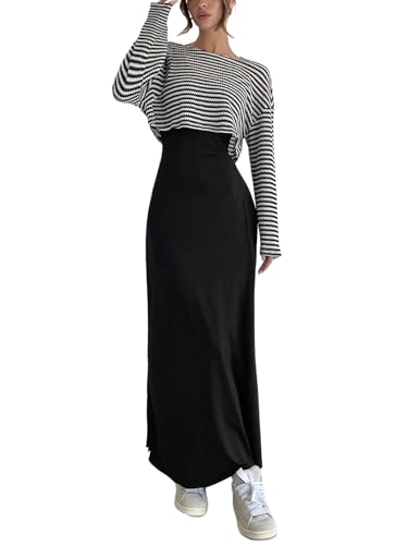 SweatyRocks Strickkleid Damen Winter Lang Zweiteiler Elegant Maxikleid Mit Pullover 2 Teiler Gestreift Herbstkleid Langarm Kleid Mit Oberteil Set Schwarz M SweatyRocks Strickkleid Damen Winter Lang Zweiteiler Elegant Maxikleid Mit Pullover 2 Teiler Gestreift Herbstkleid Langarm Kleid Mit Oberteil Set Schwarz M von SweatyRocks