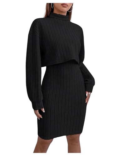 SweatyRocks Strickkleid Damen Winter Zweiteiler Outfit Elegant Strickanzug Set Cami Kleid Mit Pullover 2 Teiler Strick Set Freizeitanzug Modern Schwarz S von SweatyRocks