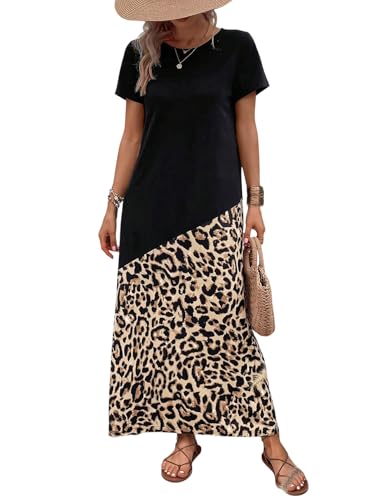 SweatyRocks T Shirt Kleid Damen Lang Leo Kleid Sommer Strandkleider Locker Maxikleid Farbblock Shirtkleid Sommerkleid Sommer Outfits Schwarz XL von SweatyRocks