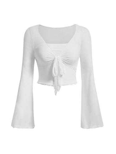 SweatyRocks Tshirt Damen Curvy Langarmshirt V Ausschnitt Shirt mit Knoten Langarm Crop Top mit Wellensaum Bauchfrei Oberteil Casualtop Weiß 0XL von SweatyRocks