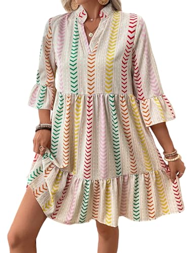 SweatyRocks Tunika Kleid Damen Boho Blusenkleid Langarm Hemdblusenkleid Damenkleider Elegant Freizeitkleid Herbstkleid Minikleid Weiß XL von SweatyRocks