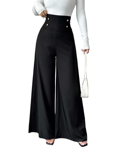 SweatyRocks Weite Hose Damen Elegant Anzughosen High Waist Business Outfit Musselin Hose Lang Damenhose Weites Bein Büro Outfit Schwarz XL von SweatyRocks